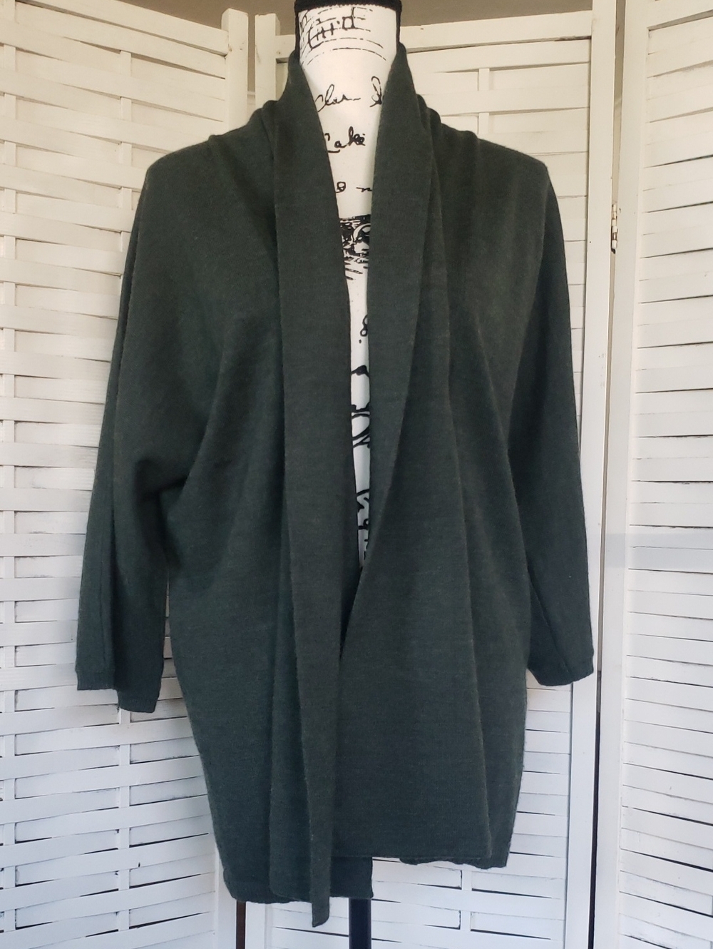 Carole Little Dark Green 100% Merino Wool Open Front Cardigan Sweater Size S